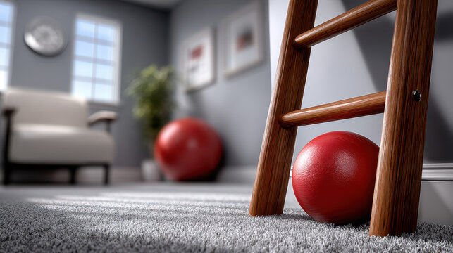 Clinical rehabilitation room featuring red balance ball and wooden ladder wish copy space