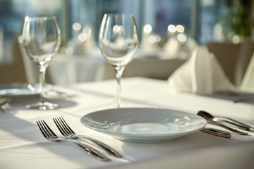 Elegant restaurant table setting with white plate, polished silverware, clear wine glasses, and bright natural light creating a sophisticated dining ambiance
