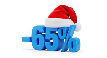 Blue 65 Percent Off Discount With Santa Hat On White Background sale minus