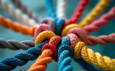 Collective Effort Integration and Unity with teamwork concept as a business metaphor for joining a partnership synergy and cohesion as diverse ropes connected together in interdependence.