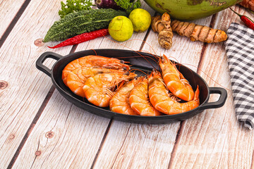 Tasty hot big boiled prawns