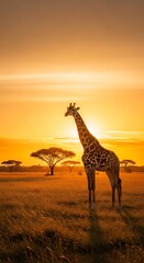 Giraffe Silhouette at Sunset in African Savannah Landscape.