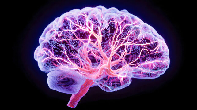 Digital visualization of a human brain highlighting intricate network of glowing neural pathways and connections in vibrant purple and pink tones on a dark background