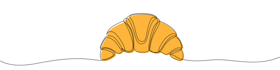 Croissant with yellow fill, drawn with one continuous line. Drawing of French pastry with editable black stroke on white background. Vector illustration.