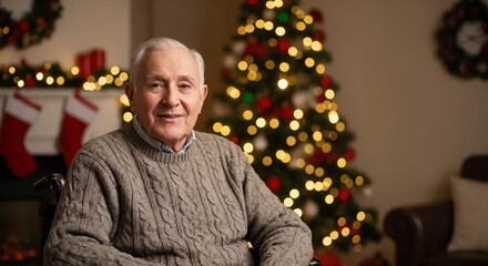 Senior man sitting indoors near Christmas tree with festive lights