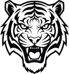 Ferocious tiger head illustration, roaring wild cat graphic, aggressive predator face artwork, bold animal mascot design for branding, logos and decoration