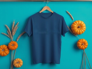 Blue blank t-shirt mockup with autumnal harvest on teal background