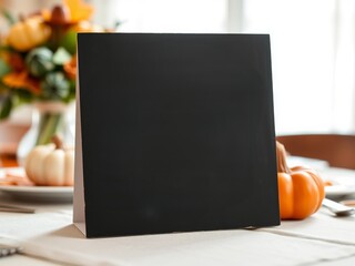 Blank chalkboard on autumn table with pumpkins and fall decor