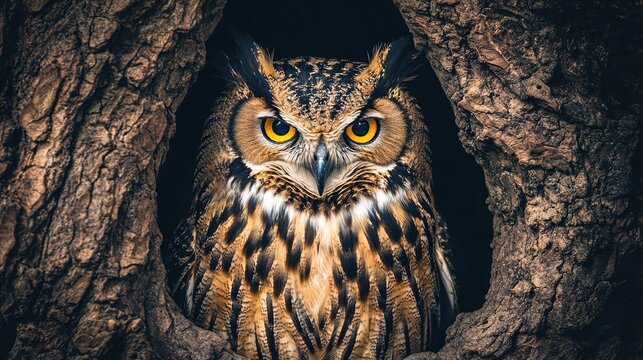 passivity. An owl with intense gaze guarding a tree hollow in moonlight, detailed feathers and ancient oak bark. wildlife magazines, conservation campaigns, designed for eco-tourism storytelling.