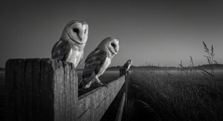 Obraz premium Three barn owls on a rustic fence in a misty, dark field