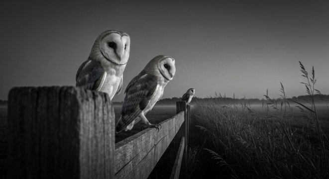 Three barn owls on a rustic fence in a misty, dark field