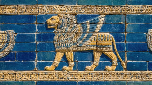 ishtar. Glazed brick relief of a lion against lapis lazuli blue background with gold accents, intricate patterns. event programs.