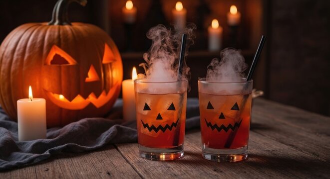 Spooky jack-o'-lantern drinks smoking beside a carved pumpkin
