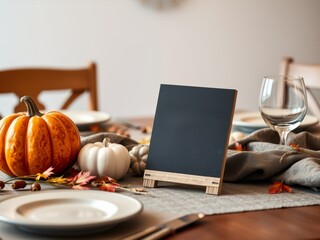 Autumn dining table setting with pumpkins, leaves, blank chalkboard