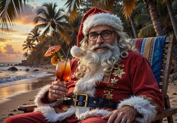 relaxed santa claus enjoying a tropical cocktail on a beach at sunset.
