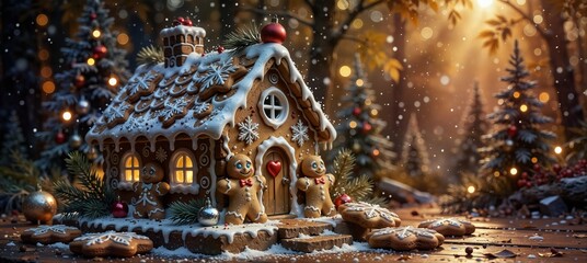 whimsical gingerbread house with festive decorations and falling snow in a winter wonderland scene.