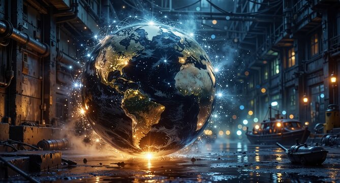 global network connection with earth at night in a dystopian urban setting.