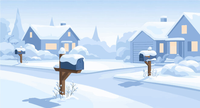 ​A picturesque, cozy suburban neighborhood scene blanketed in pristine white snow under a soft evening sky. Warm light glows from the windows of houses, creating a peaceful and festive winter atmosphe