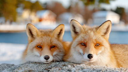 Romantic fox couple resting on a rock in low grass during warm evening tones