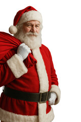 Santa claus in traditional red costume carrying gift sack on transparent background
