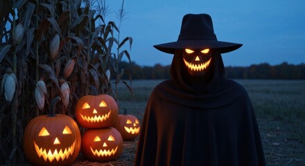 Fototapeta premium Spooky scarecrow with glowing jack-o'-lanterns in a field