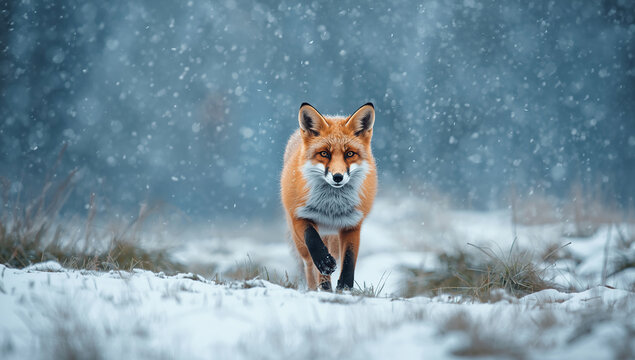 A red fox confidently walks toward the camera through a snowy winter landscape. Soft snowfall surrounds the animal, creating a serene and atmospheric wildlife scene - Powered by Adobe