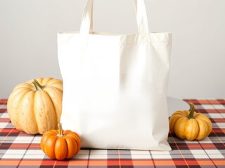 Canvas tote bag with various pumpkins on a fall plaid tablecloth