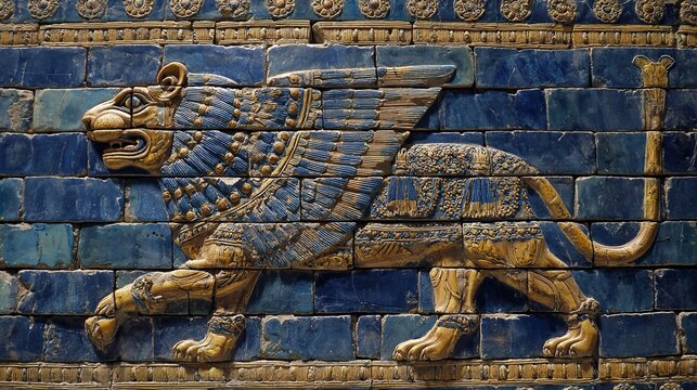 ishtar. Glazed brick relief of a lion against lapis lazuli blue background with gold accents, intricate patterns. event programs.
