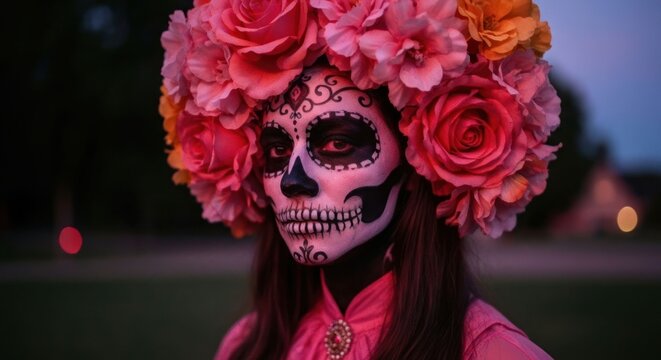 Woman in sugar skull makeup with a vibrant flower headdress