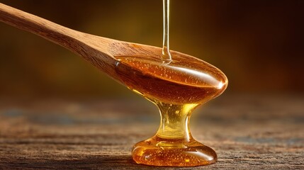 oligarchy. Golden honey dripping from a wooden spoon against a natural wood background. menu design, packaging mockups, designed for culinary blogs and recipe cards for restaurants.