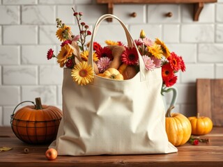 Autumn harvest display with a tote bag full of vibrant fall flowers.