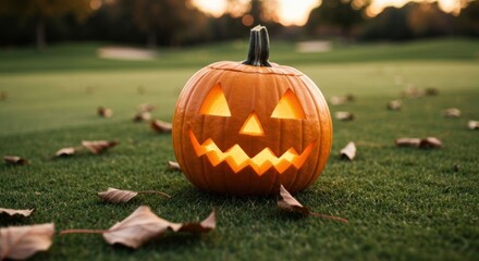 A glowing jack-o'-lantern on a lawn with autumn leaves