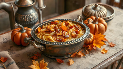 A cozy, rustic close-up of a serving pot filled with spaghetti topped with caramelized onions and nuts, nestled among small orange pumpkins and scattered autumn leaves on a patterned table.