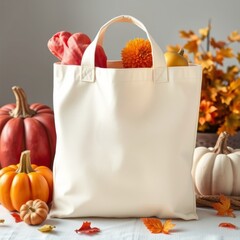 Cream canvas tote bag, autumn decor, harvest items on white