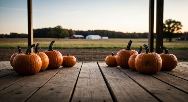 Pumpkins on a rustic wooden porch at sunset on a farm