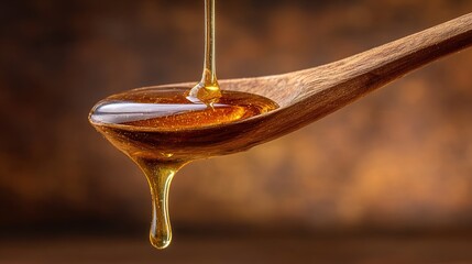 oligarchy. Golden honey dripping from a wooden spoon against a natural wood background. menu design, packaging mockups, designed for culinary blogs and recipe cards for restaurants.
