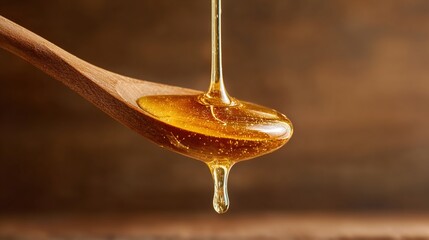 oligarchy. Golden honey dripping from a wooden spoon against a natural wood background. menu design, packaging mockups, designed for culinary blogs and recipe cards for restaurants.