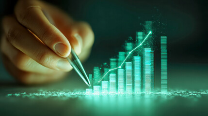 Businessperson using a pen to interact with a glowing digital bar graph visualizing financial growth and upward trends in technology-driven analytics