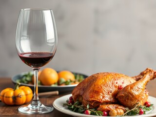 Roasted turkey with red wine glass, festive autumn dinner spread.