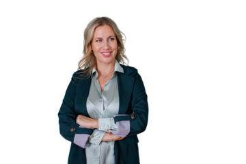 Confident businesswoman smiling with arms crossed, looking away, ready for new challenges on transparent background