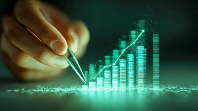 Businessperson using a pen to interact with a glowing digital bar graph visualizing financial growth and upward trends in technology-driven analytics - Powered by Adobe
