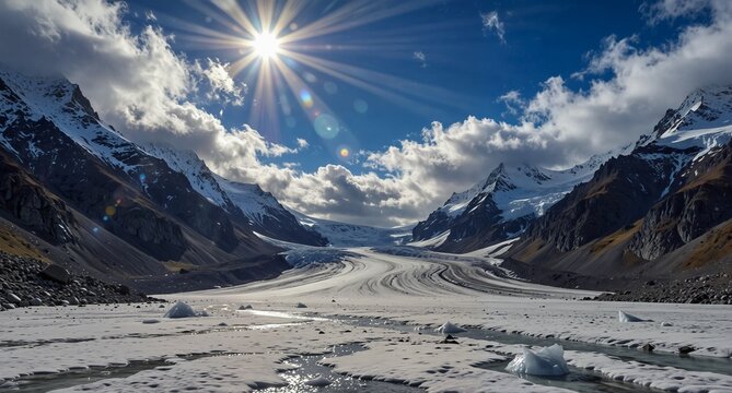 alaskan glacier valley with snow covered mountains and bright sunlight under dramatic cloudy sky