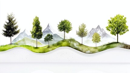 A scenic landscape featuring a variety of trees on rolling green hills with majestic snow-capped mountains in the distance.