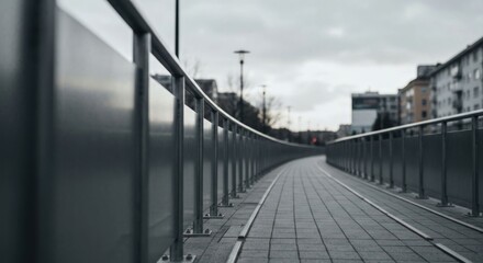 Fototapeta premium Curved pedestrian bridge with metal railings on an overcast day