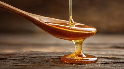 oligarchy. Golden honey dripping from a wooden spoon against a natural wood background. menu design, packaging mockups, designed for culinary blogs and recipe cards for restaurants.