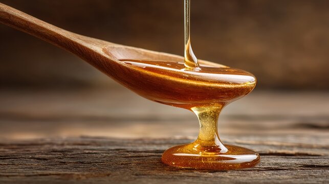 oligarchy. Golden honey dripping from a wooden spoon against a natural wood background. menu design, packaging mockups, designed for culinary blogs and recipe cards for restaurants.