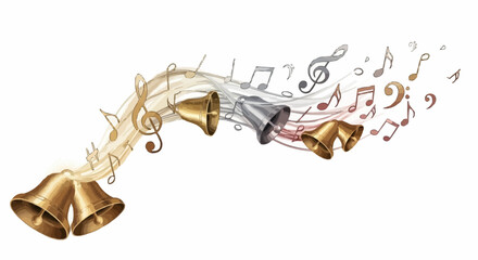 Dynamic illustration of golden and silver bells with flowing musical notes, creating a harmonious symphony of sound and joyful celebration