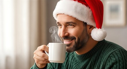 A smiling man wearing a Santa hat and a green sweater, enjoying a hot beverage on a cozy winter day.