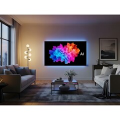 Modern Living Room with AI-Enhanced Television Display and Ambient Lighting.