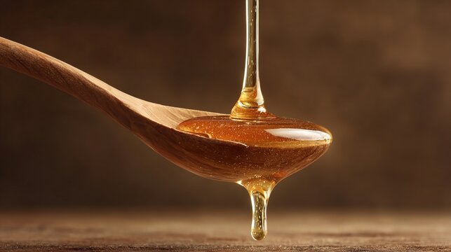 oligarchy. Golden honey dripping from a wooden spoon against a natural wood background. menu design, packaging mockups, designed for culinary blogs and recipe cards for restaurants.